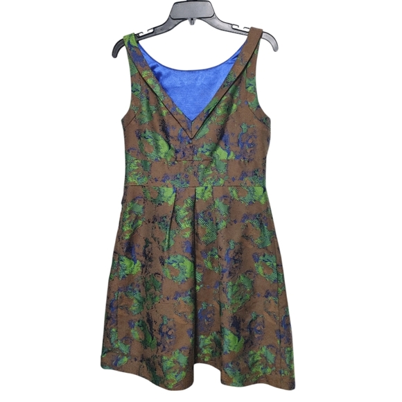 Eva Franco Brown Green Abstract Sleeveless Fit & Flare Mini Dress Womens Size 12 - Picture 2 of 8